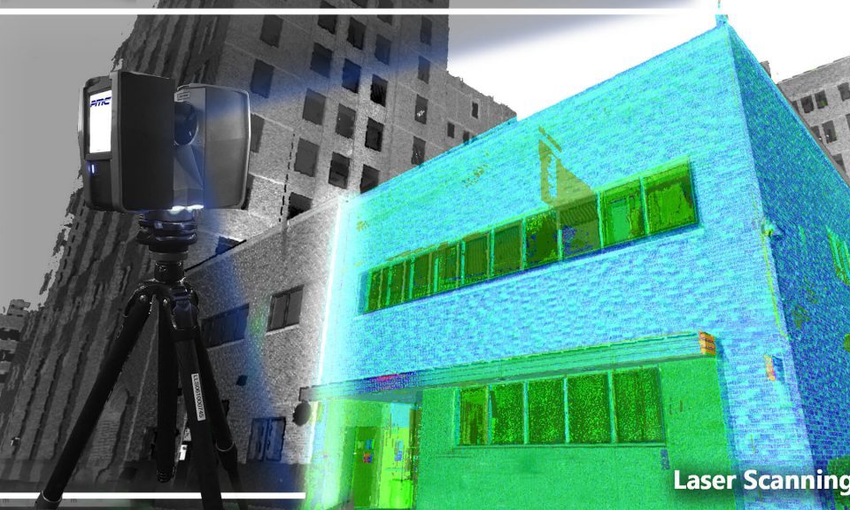 Laser scanning technology used for capturing detailed measurements of a building's structure