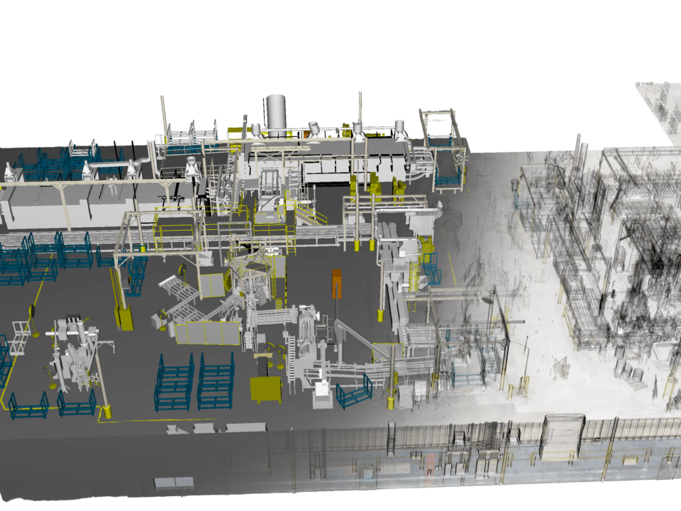 Point cloud visualization of a 3D laser scan with inverted colors for enhanced detail.