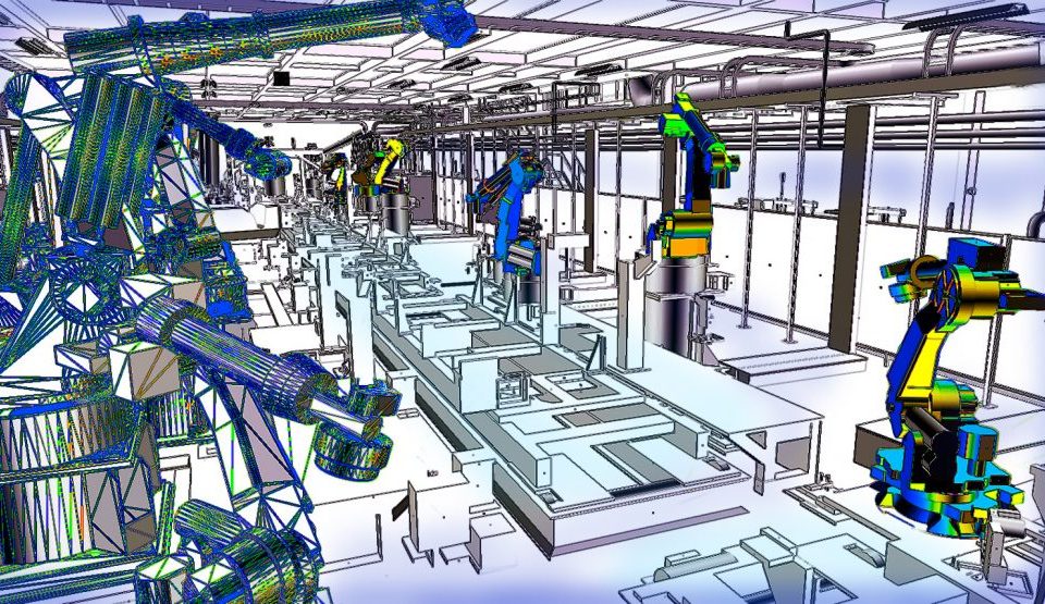 Robots working in a modern factory setting, demonstrating automation in 3D factory modeling.