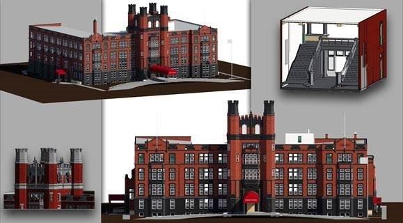 3D laser scanning of Norman Towers building for detailed architectural modeling.