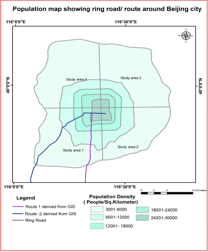 Figure 2, Distribution of Beijing City on the basis of Population and ring road 