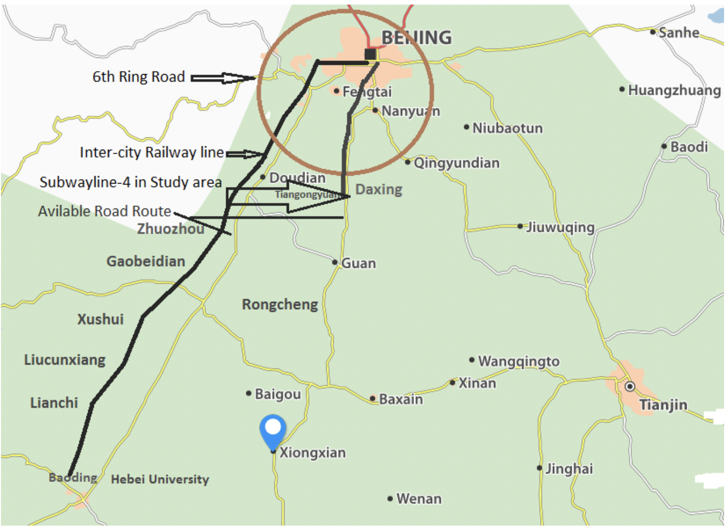 Figure 3, Beijing to Baoding Existing Transportation Network (near to XiongAn) 